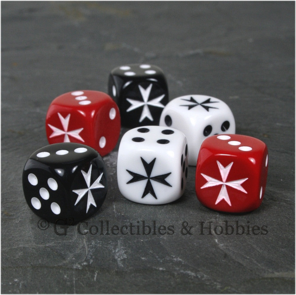 Maltese Cross 6pc Dice Set - Black, White & Red