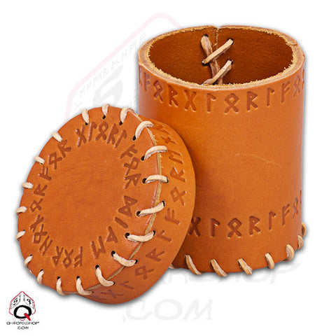 Handcrafted Brown Leather Dice Cup with Runic Design