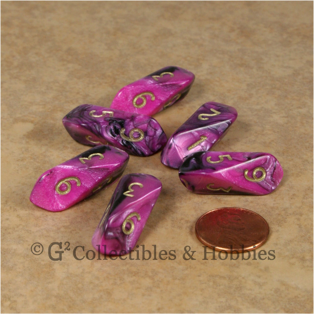 D6 Crystal Toxic Dice 6pc Set - Pink Black with Gold Numbers