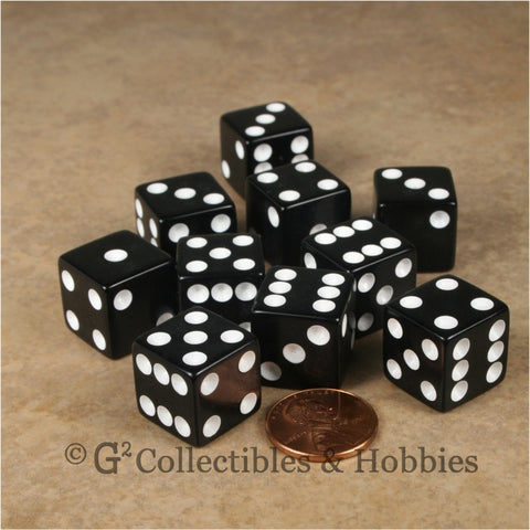 D6 16mm Opaque Black with White Pips 10pc Dice Set