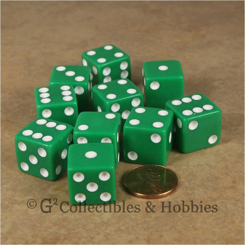 D6 16mm Opaque Green with White Pips 10pc Dice Set