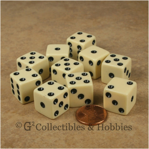 D6 16mm Opaque Ivory with Black Pips 10pc Dice Set