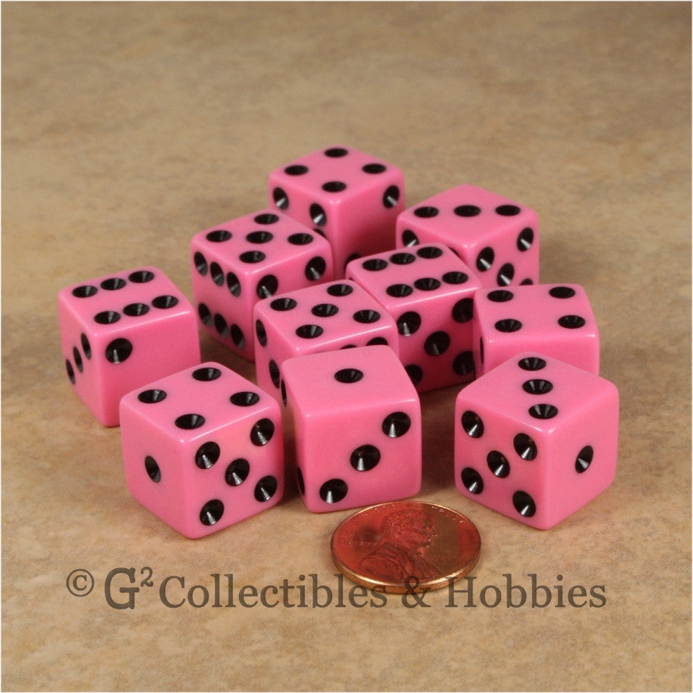 D6 16mm Opaque Pink with Black Pips 10pc Dice Set