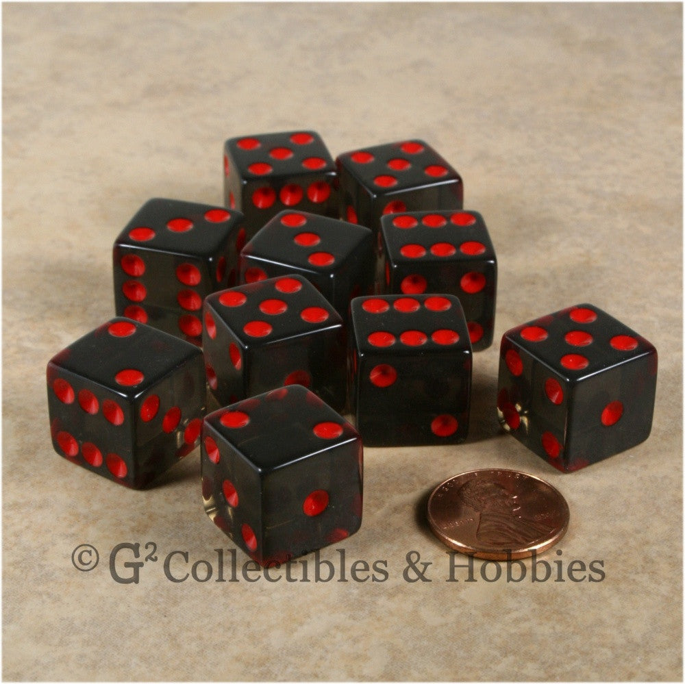 D6 16mm Transparent Smoke Gray with Red Pips 10pc Dice Set