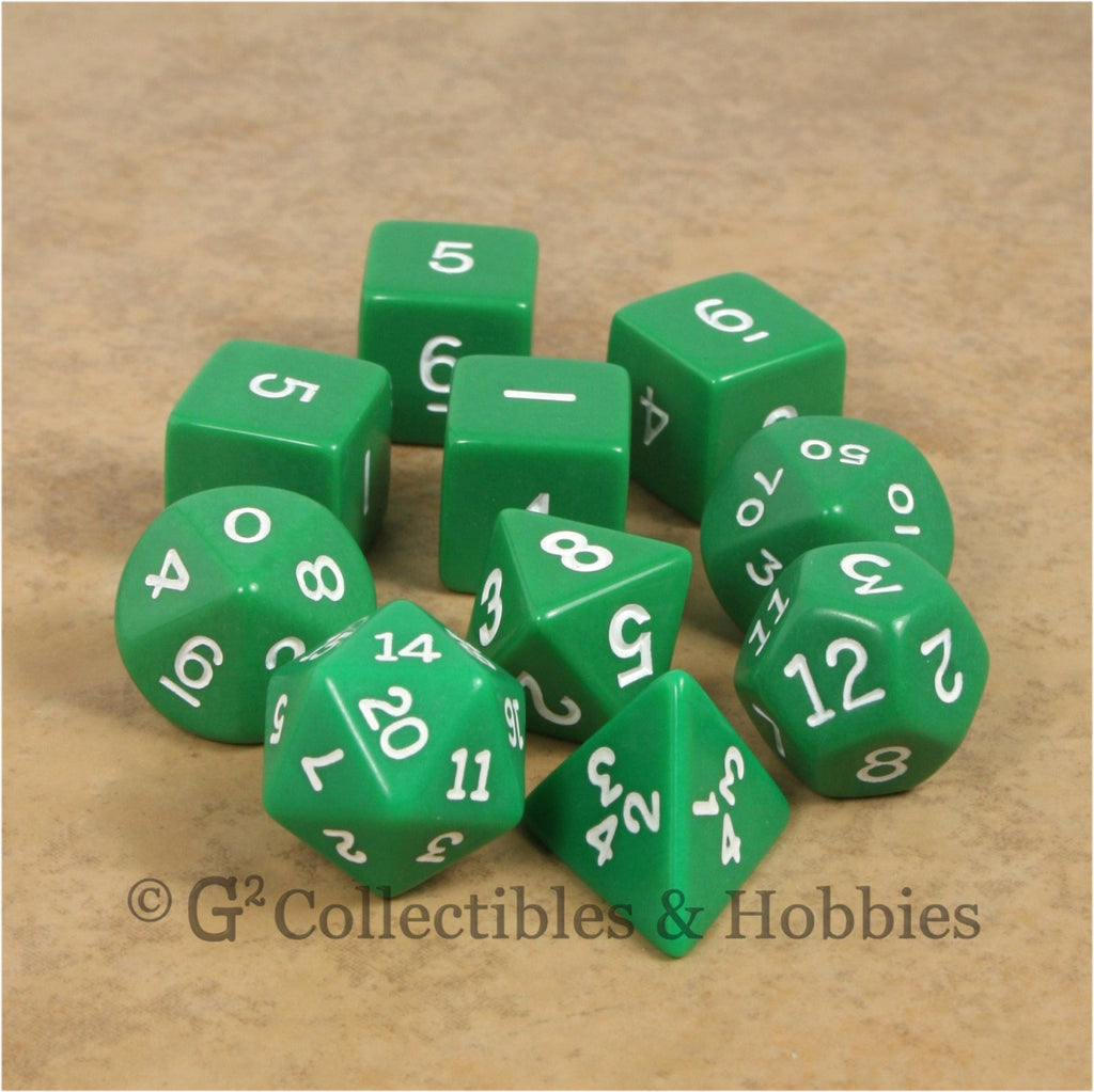 RPG Dice Set Opaque Green with White Numbers 10pc
