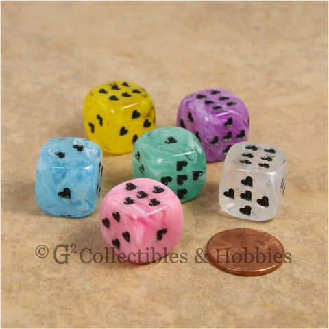 D6 16mm Cirrus Swirl with Heart Pips 6pc Dice Set - 6 Colors