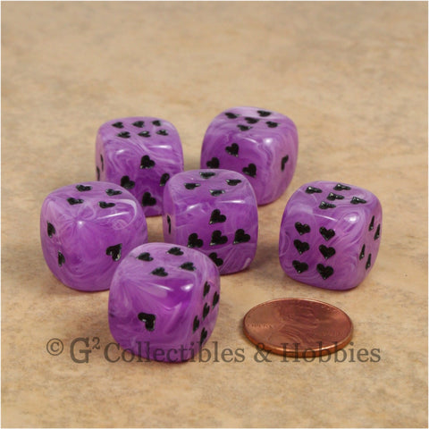 D6 16mm Cirrus Swirl with Heart Pips 6pc Dice Set - Purple