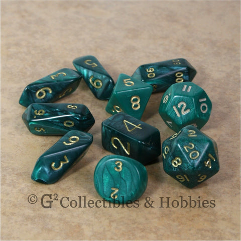 RPG Dice Set Hybrid Pearl Green with Gold Numbers 10pc