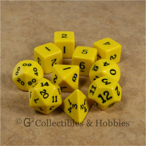 RPG Dice Set Opaque Yellow with Black Numbers 10pc