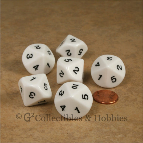 D5 (10 sided) 1 to 5 Twice 20mm Dice Set 6pc - White