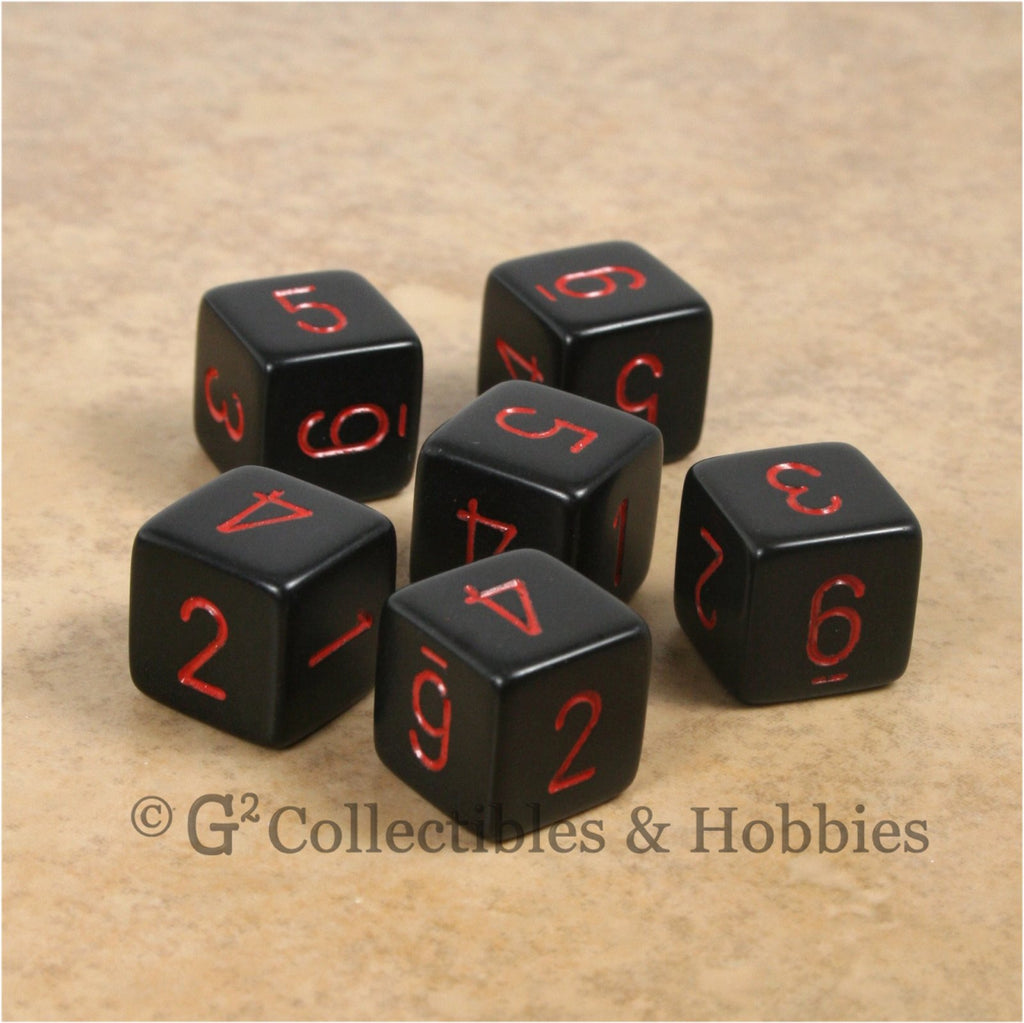 D6 RPG Dice Set : Opaque Black with Red Numbers 6pc