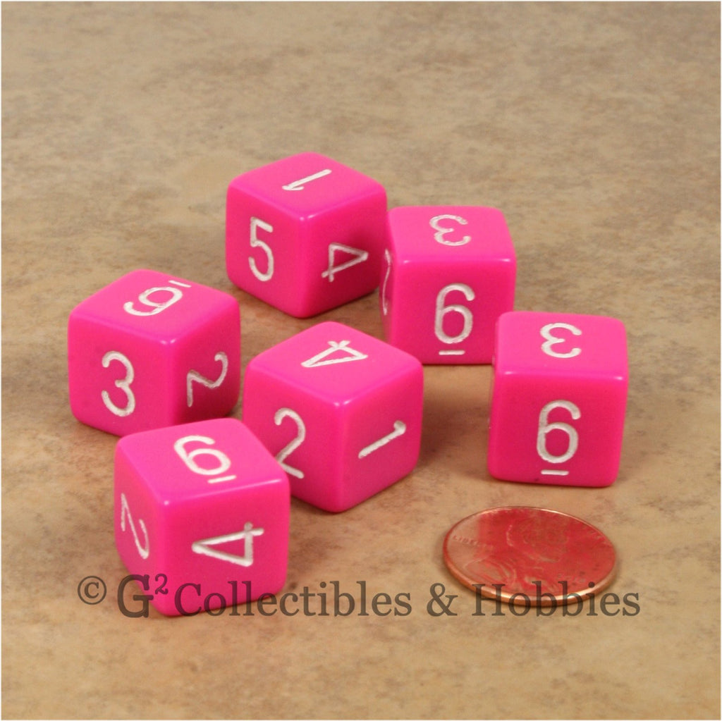 D6 RPG Dice Set : Opaque Pink with White Numbers 6pc