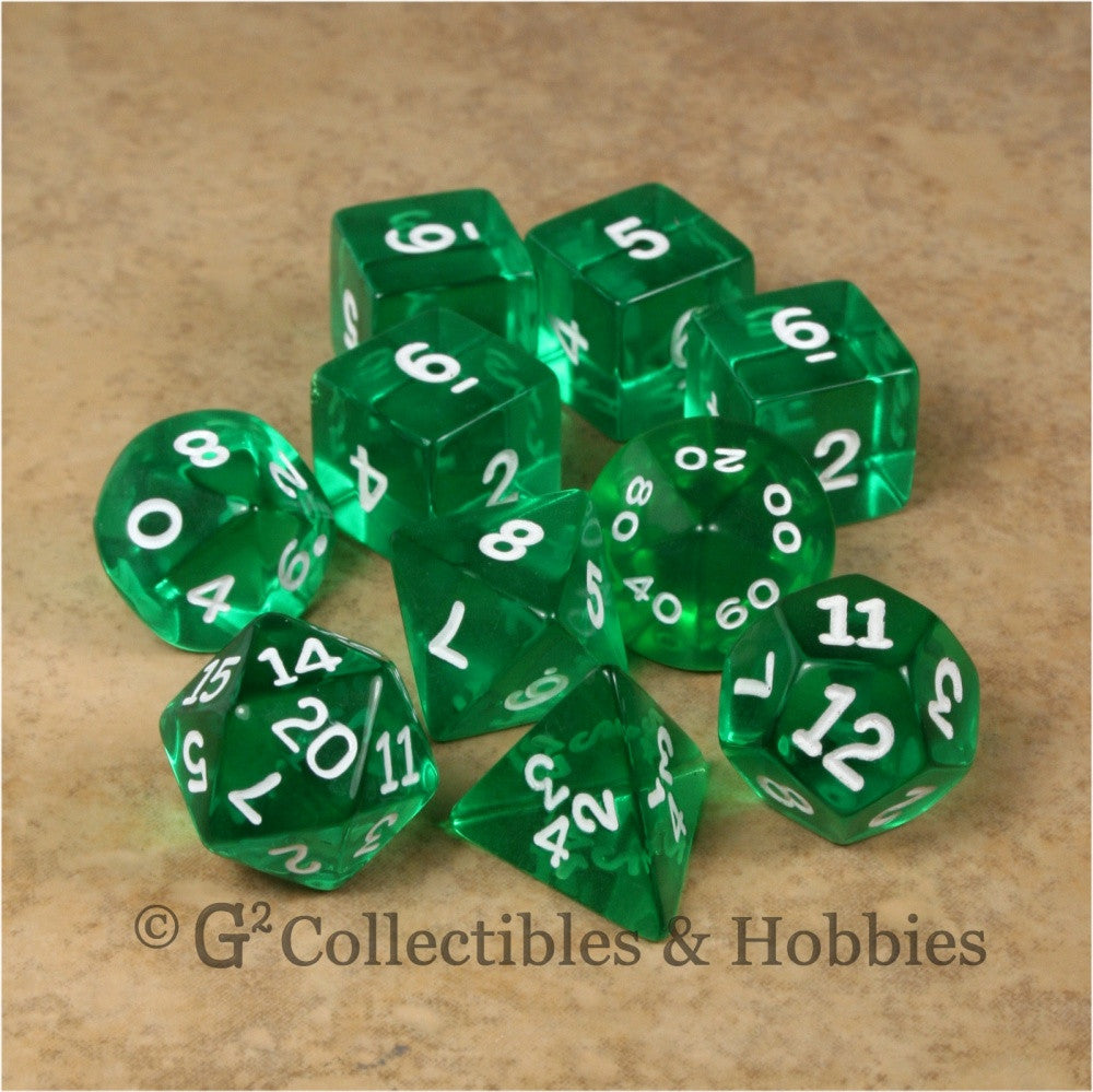 RPG Dice Set Transparent Green with White Numbers 10pc