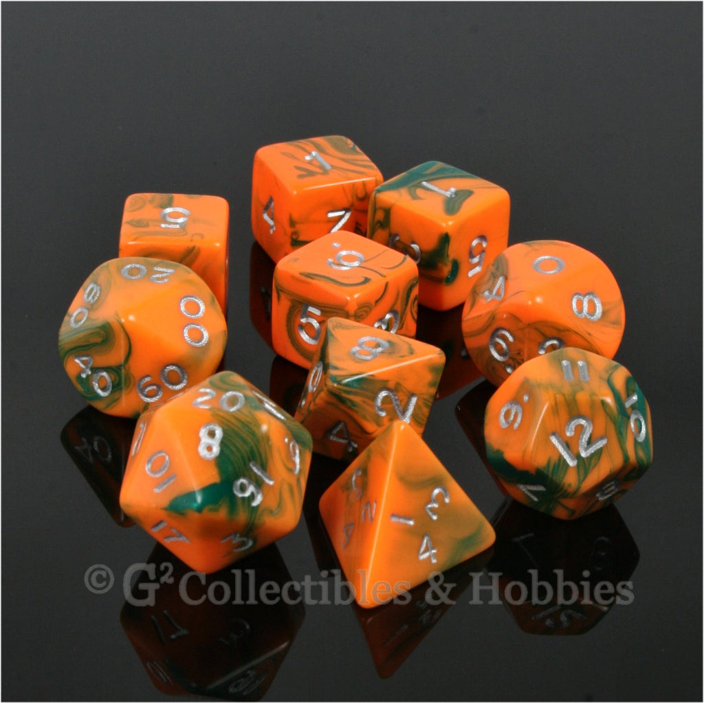 RPG Dice Set Toxic Orange Green with Silver Numbers 10pc
