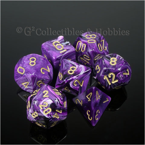 RPG Dice Set Vortex Purple with Gold Numbers 7pc